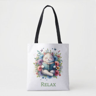 “Relax” cat reading tote bag Tygkasse