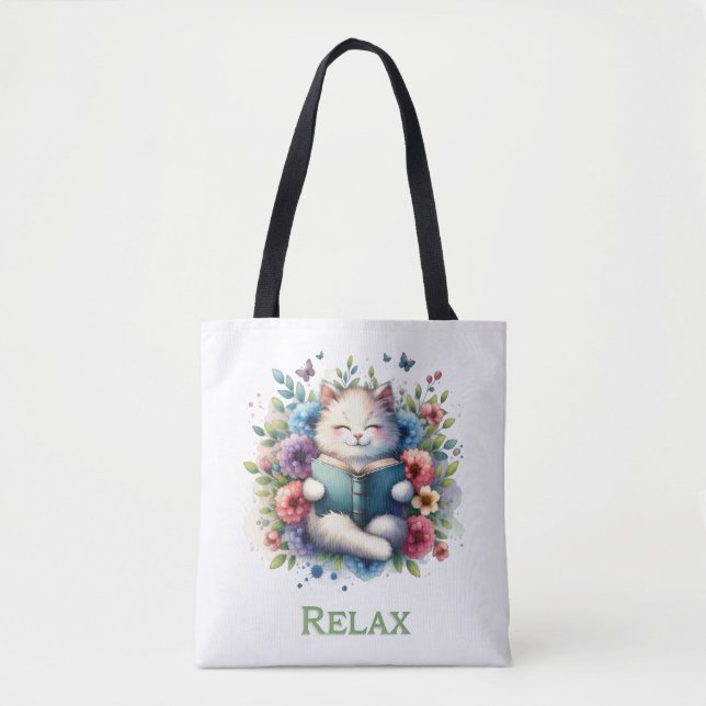 “Relax” cat reading tote bag Tygkasse (Framsida)