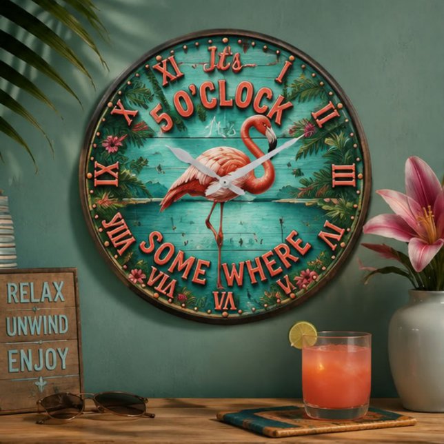 Relax Pool Time Pink Flamingo Tropical Pool Decor  Stor Klocka (Skapare uppladdad)