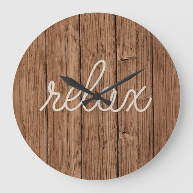RELAX Rope-text på Teak Wood Stor Klocka (Framsida)