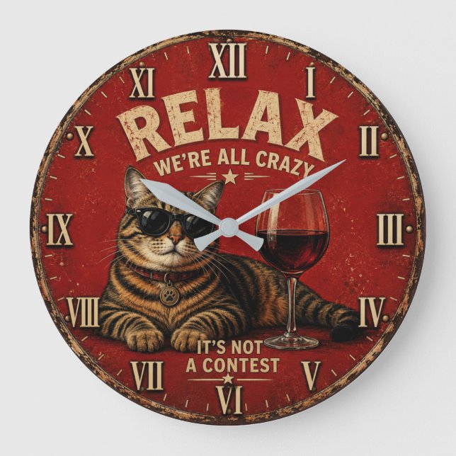Relax We're All Crazy Funny Cat and Wine Stor Klocka (Framsida)