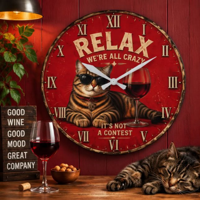Relax We're All Crazy Funny Cat and Wine Stor Klocka (Skapare uppladdad)