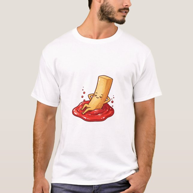 Relaxed French Fry Character Lounging in Ketchup T Shirt (Framsida)