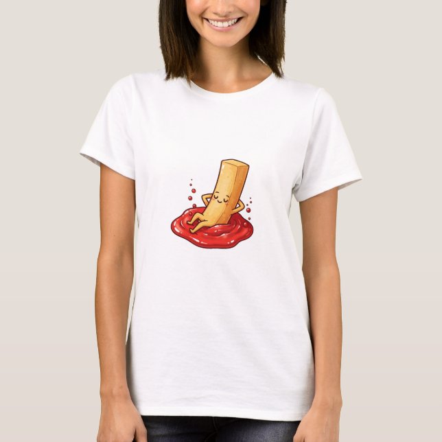 Relaxed French Fry Character Lounging in Ketchup T Shirt (Framsida)