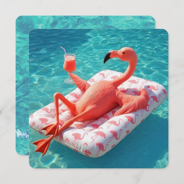 Relaxing Flamingo Floating On a Pool Mattress Inbjudningar (Fram/baksida)