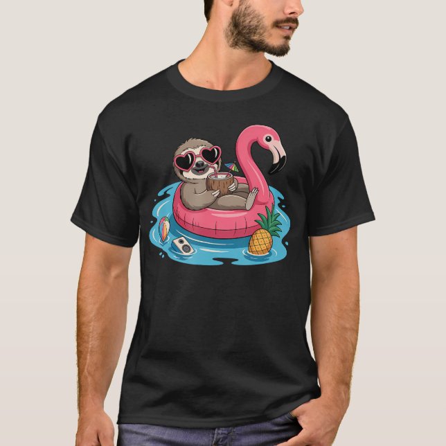 Relaxing Sloth Flamingo Float Coconut Drink And T Shirt (Framsida)