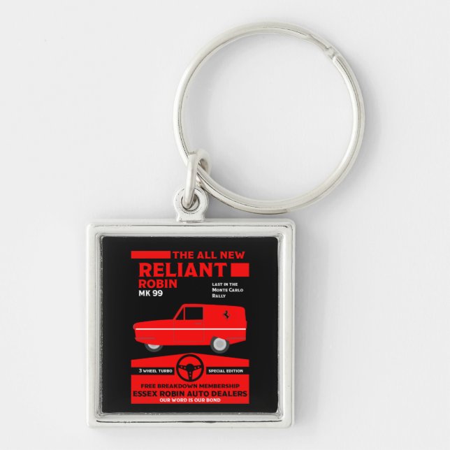 Reliant Robin Car Fyrkantig Silverfärgad Nyckelring (Framsidan)