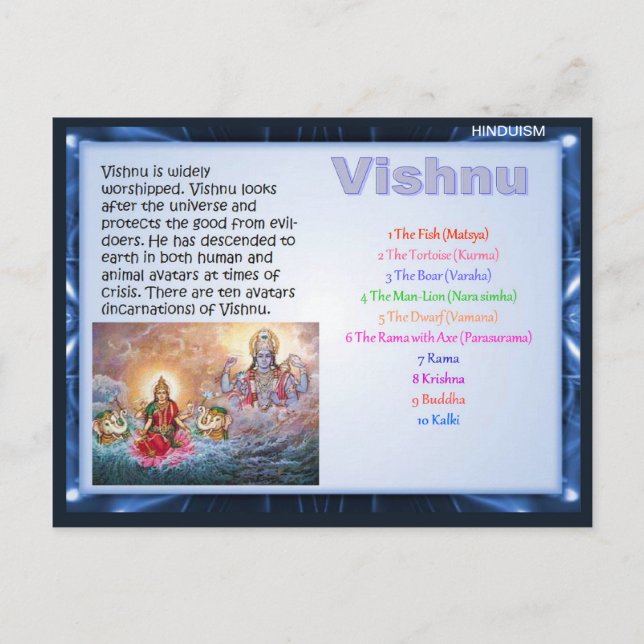Religion, hindu Gods, Vishnu Vykort (Framsida)