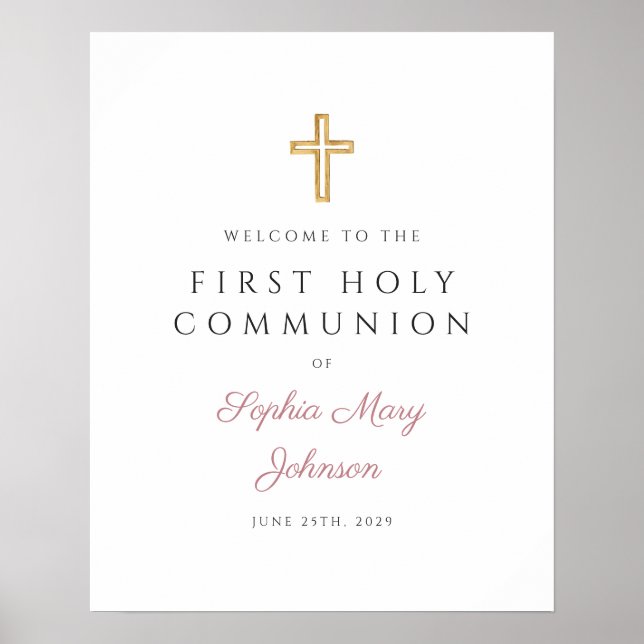 Religiös dammig rosa flicka första kommunion välko poster (Framsidan)