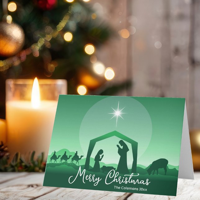 Religiös God Jul Grön Julkrubba Helgkort (Skapare uppladdad)