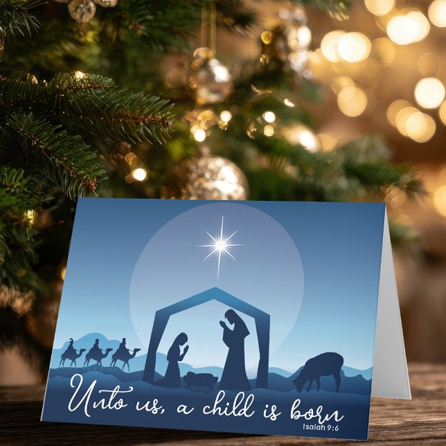 Religiös julkrubba blå helgkort (Skapare uppladdad)