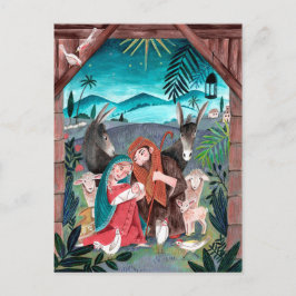 Religiös julkrubba blå, röd Maria & Josef Helg Vykort