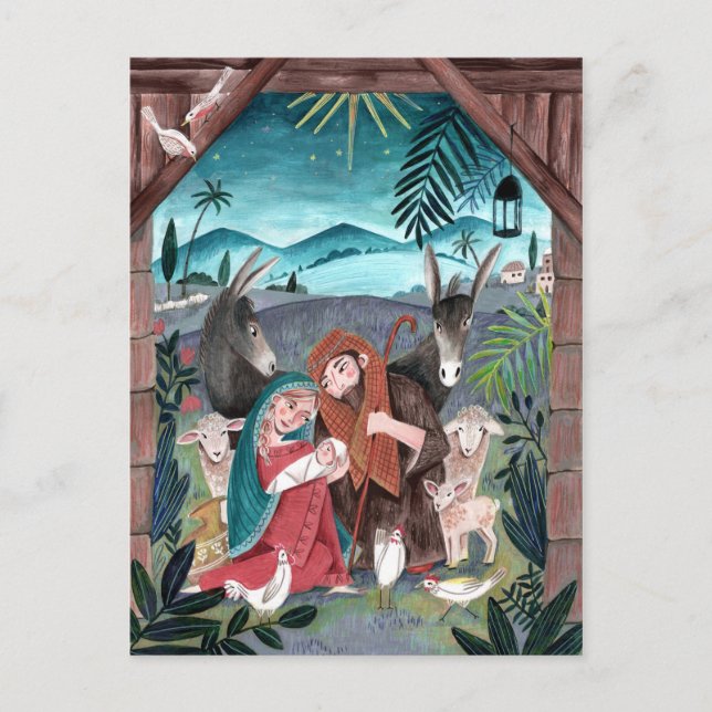 Religiös julkrubba blå, röd Maria & Josef Helg Vykort (Framsida)