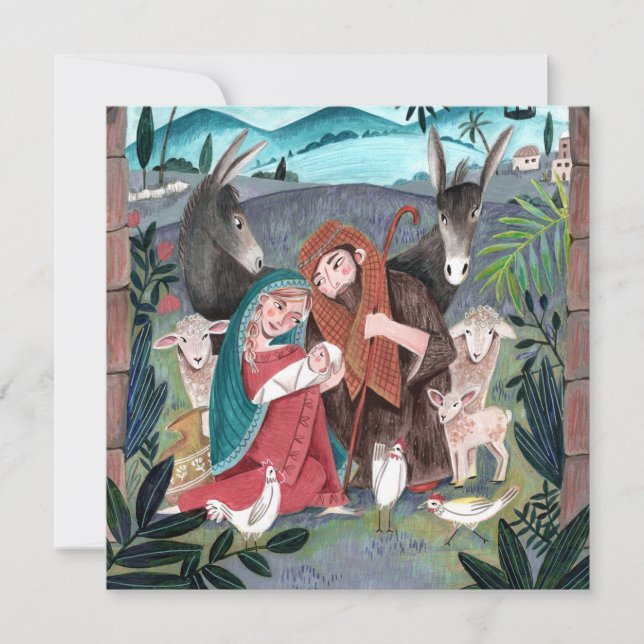 Religiös julkrubba blå, röd Maria & Josef Julkort (Framsida)