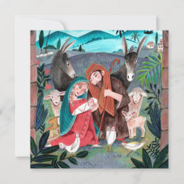 Religiös julkrubba blå, röd Maria & Josef Julkort