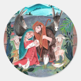 Religiös julkrubba blå, röd Maria & Josef Runt Klistermärke