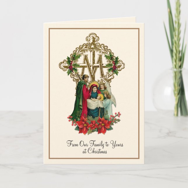 Religiös julkrubba Jungfru Maria Jesus Poinsettia Helgkort (Framsida)