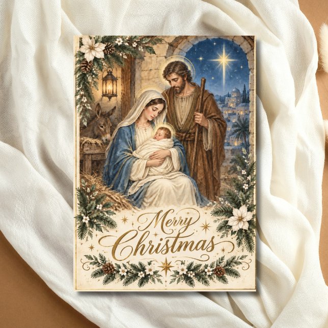 Religiös julkrubba kristen jul julkort (Religious Holy Family Manger Scene Merry Christmas Card. Christian Catholic. Message on back of card)