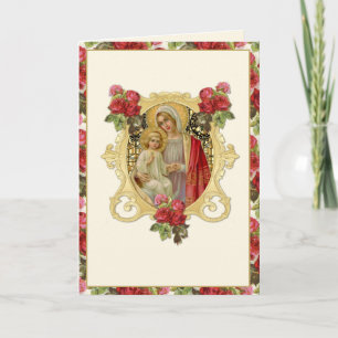 Religiös Jungfru Maria Jesus Röda Blommor Katolsk Kort