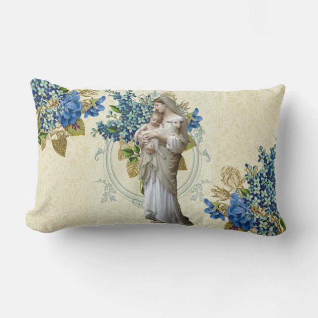 Religiös Jungfru Maria Jesusbarnet Lamm Blommig Lumbarkudde (Framsida)