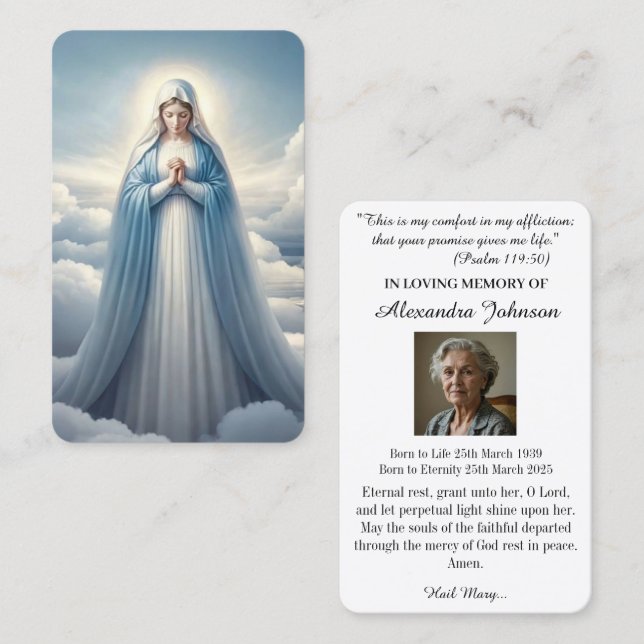 Religiös katolsk bön Jungfru Maria Visitkort (Fram/baksida)