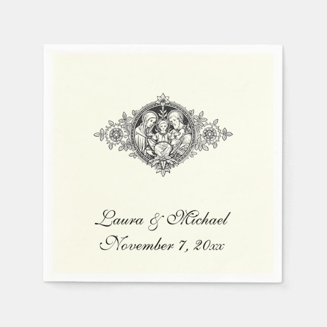 Religiös katolsk bröllopsfirande av den heliga fam pappersservett (Framsidan)