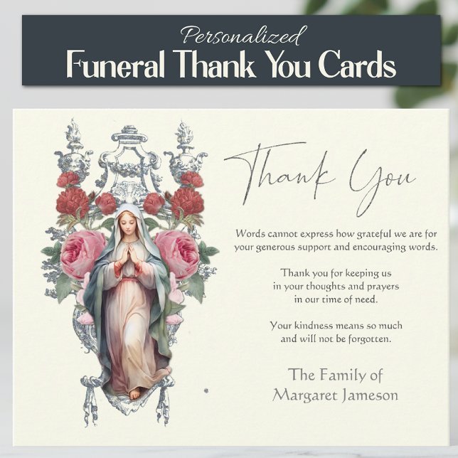 Religiös katolsk Marie begravnings minnesstund Tack Kort (Traditional Catholic Blessed Virgin Mary Floral Funeral Thank you Condolence Cards)
