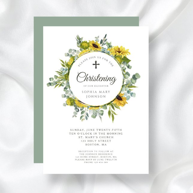 Religiös kors solroskrans dop inbjudningar (Religious Cross Sunflower Wreath Christening Invitation)