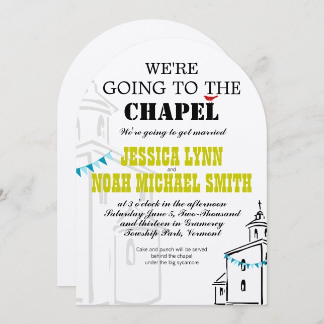 Religiös kyrka Vi ska gå till kapellet Bröllop Inbjudningar (Fram/baksida)