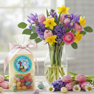 Religiös påskhare med kors och blomsterägg runt klistermärke