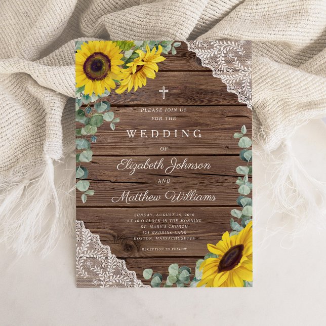 Religiös Rustik Solros Spets Ladalager Bröllop Inbjudningar (Religious Rustic Sunflower Lace Barn Wedding Invitation)