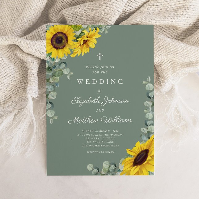 Religiös Sålgrön Blommig Solros Bröllop Inbjudningar (Religious Sage Green Floral Sunflower Wedding Invitation)