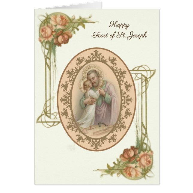 Religiös. St. Josef med Jesusbarnet blomster firan Hälsningskort (Framsidan)