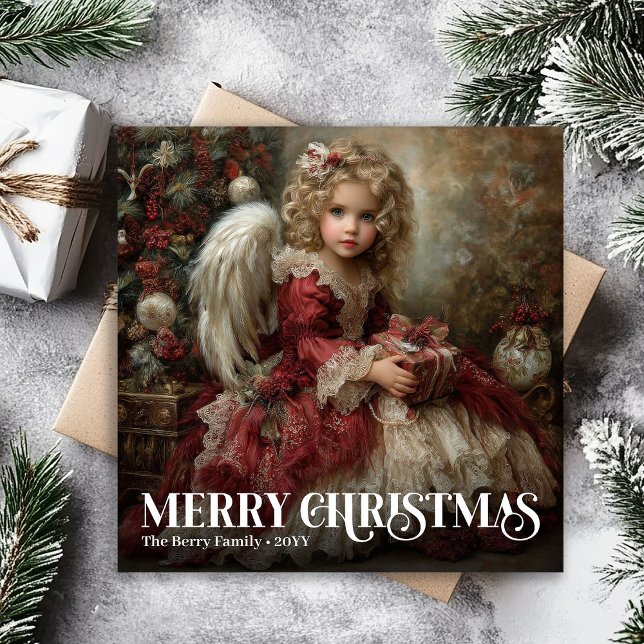 Religiös viktoriansk ängel burgunderröd guld jul julkort (Religious Victorian Angel Burgundy Red Gold Christmas)