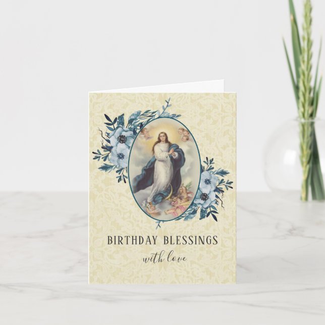 Religiös Vintage Jungfru Maria Blommig Rosenkrans Kort (Framsida)