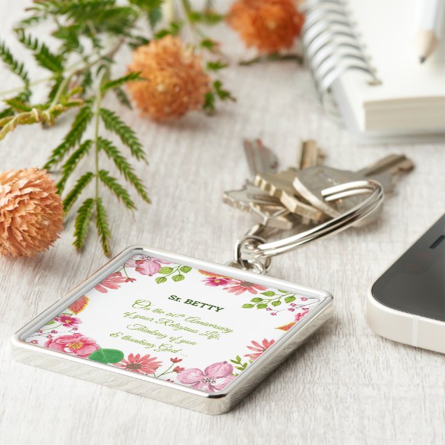 Religiösa 60-årsdagen för vattenfärgslådor fyrkantig silverfärgad nyckelring (Sidan)