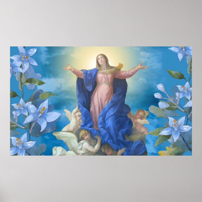 Religiösa Antagande av Mary Änglar Blue Blommigt B Poster (Framsidan)