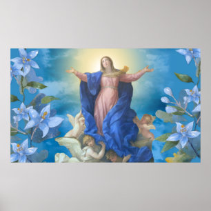 Religiösa Antagande av Mary Änglar Blue Blommigt Poster
