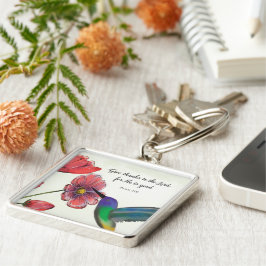 Religiösa Att tänka på dig Blommor med Hummingbird Fyrkantig Silverfärgad Nyckelring