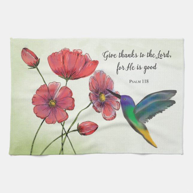 Religiösa Att tänka på dig Blommor med Hummingbird Kökshandduk (Horisontell)