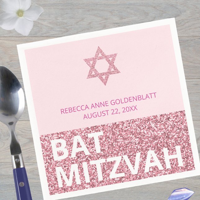Religiösa av Glam Rosa Chic Elegant Bat mitzvah Pappersservett (Just add your daughter's name and the date of the Bat Mitzvah to these bold pink glam paper napkins)
