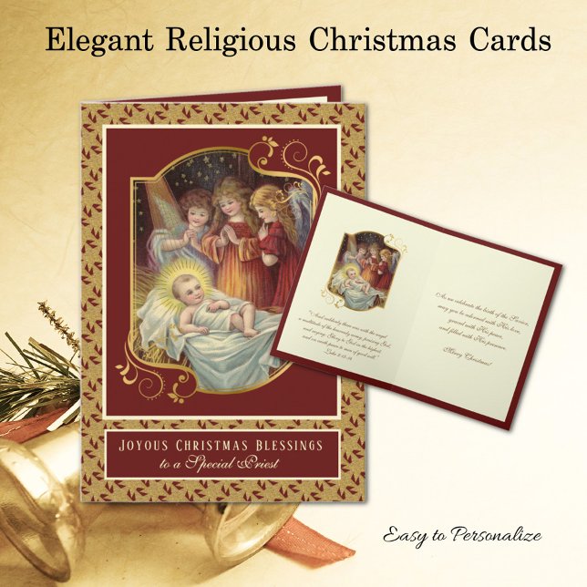 Religiösa Baby Jesus Änglar Priest Helgkort (Traditional Christmas Religious Card with Jesus in Manger with Angels - Easy to personalize)