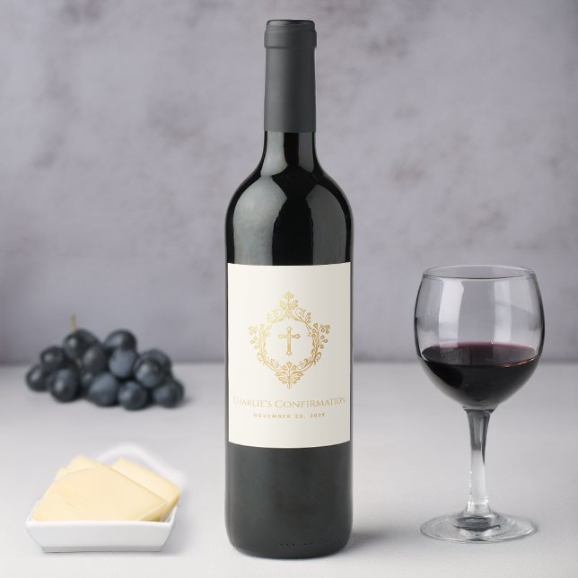 Religiösa Bekräftelse Guld Kor i Vapensköld Elfenb Vinflaska Etikett (Skapare uppladdad)