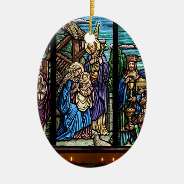 Religiösa-bild för oval-ornament julgransprydnad keramik (Framsidan)