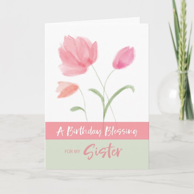 Religiösa Birthday Min syster Blating Rosa Flowers Kort (Framsida)