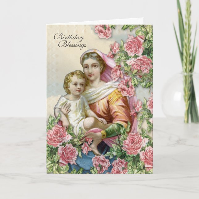 Religiösa Birthday Virgin Mary Jesus Rosa ros Kort (Framsida)
