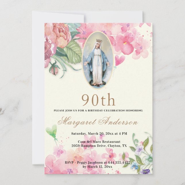 Religiösa Birthday Virgin Mary Scripture Blommigt Inbjudningar (Framsida)