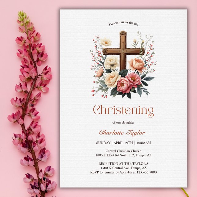 Religiösa Blommigt Catholique Kor Girl Christening Inbjudningar (Religious Floral Catholic Cross Girl Christening Invitation)