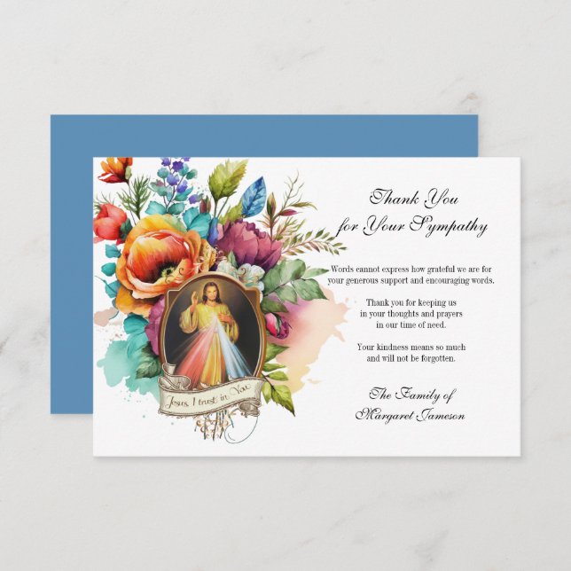 Religiösa Blommigt Jesus Divine Mercy Condolence Tack Kort (Fram/baksida)