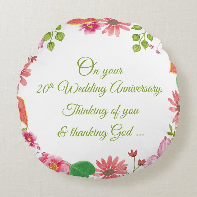 Religiösa blommor för 20-års bröllopsjubileum rund kudde (Framsidan)